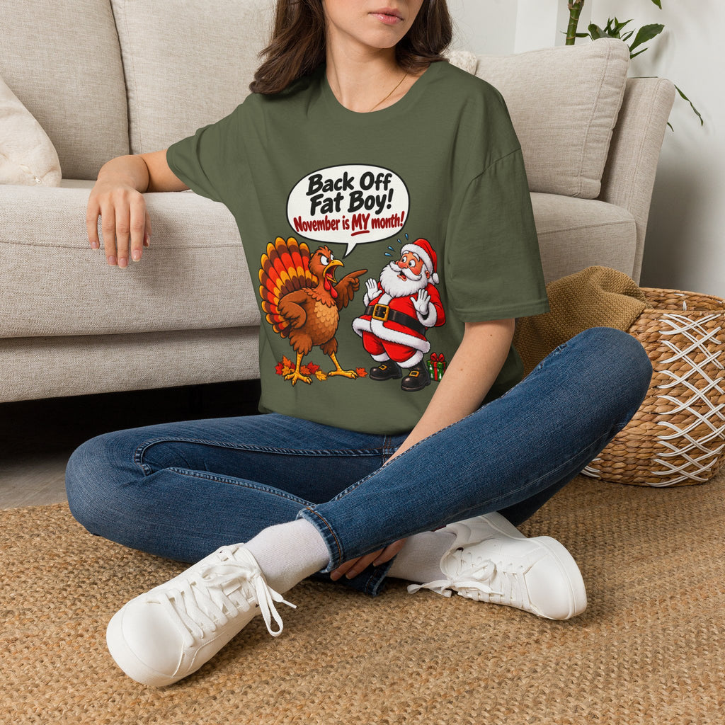 Back Off Fat Boy!  – Funny Thanksgiving Turkey & Santa Christmas T-Shirt